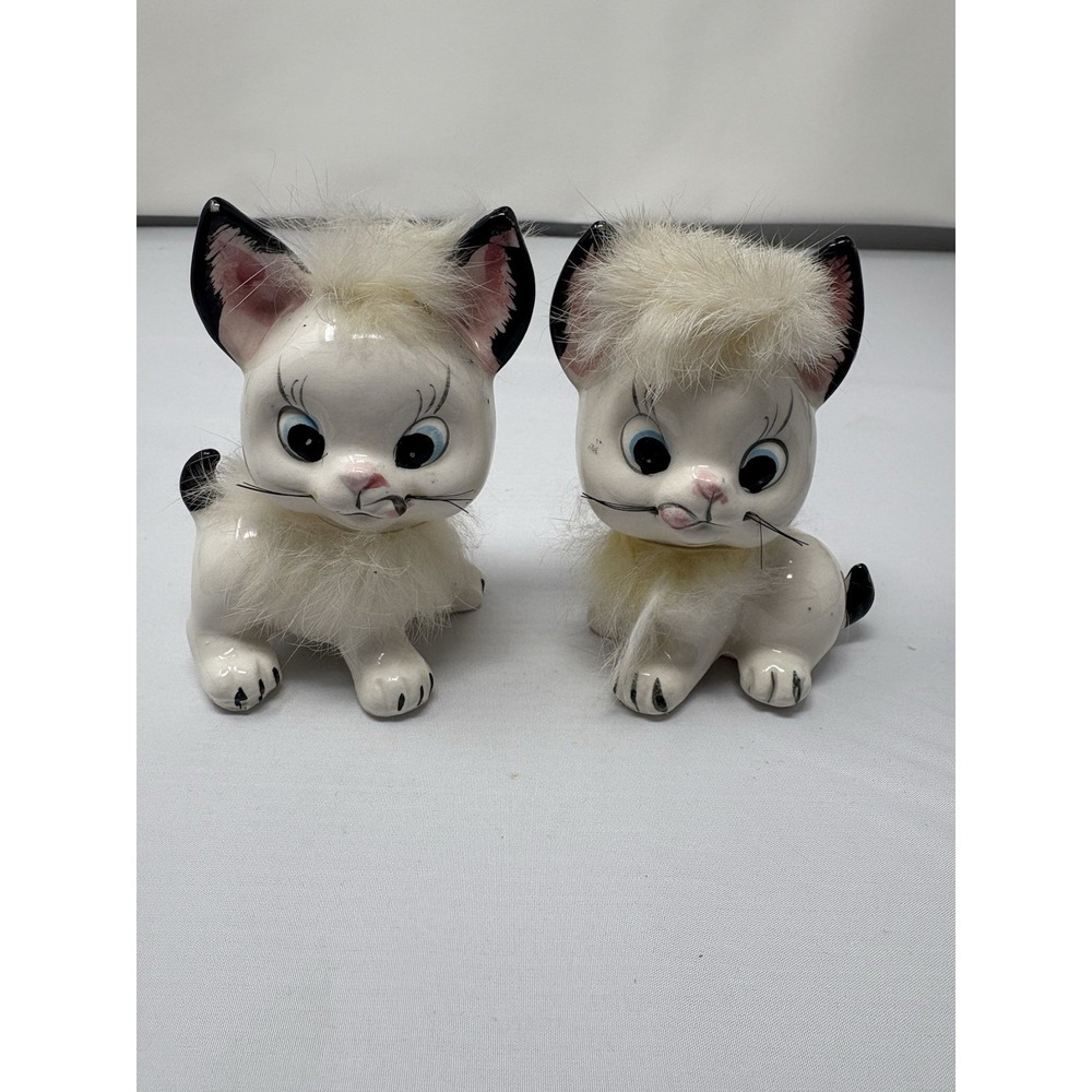 Vintage 1950's Anthropomorphic Fur Kitty Cat Salt & Pepper Shakers MCM Kitsch